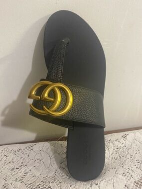 Gucci Black Leather Slide with Gold Double G Hardware